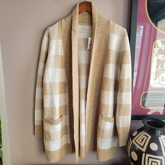 LOFT Women’s Open Front Ribbed Cardigan Beige & White Knit Size M NWT Soft - Picture 1 of 9